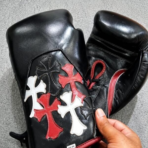 Black Leather Cross-Appliqué Boxing Gloves