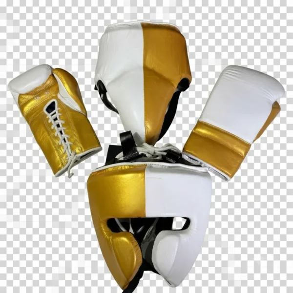 Custom White and Gold Genuine Leather Boxing Sparring Gear Set.