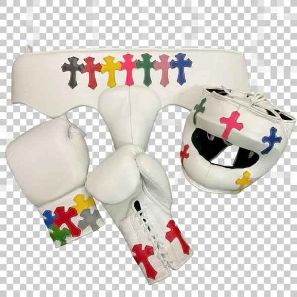 Custom Winning-Style White Leather Boxing Sparring Set with Multicolor Cross Patches