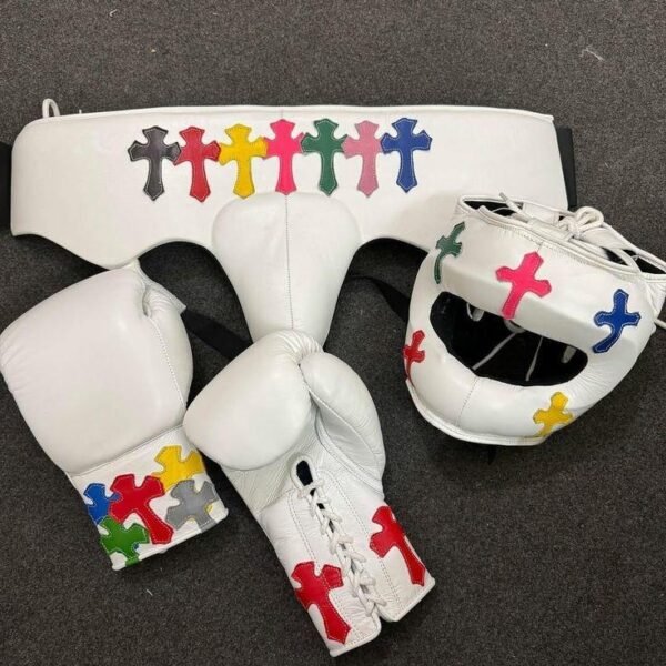 Custom White Leather Boxing Protection Set with Cross Design